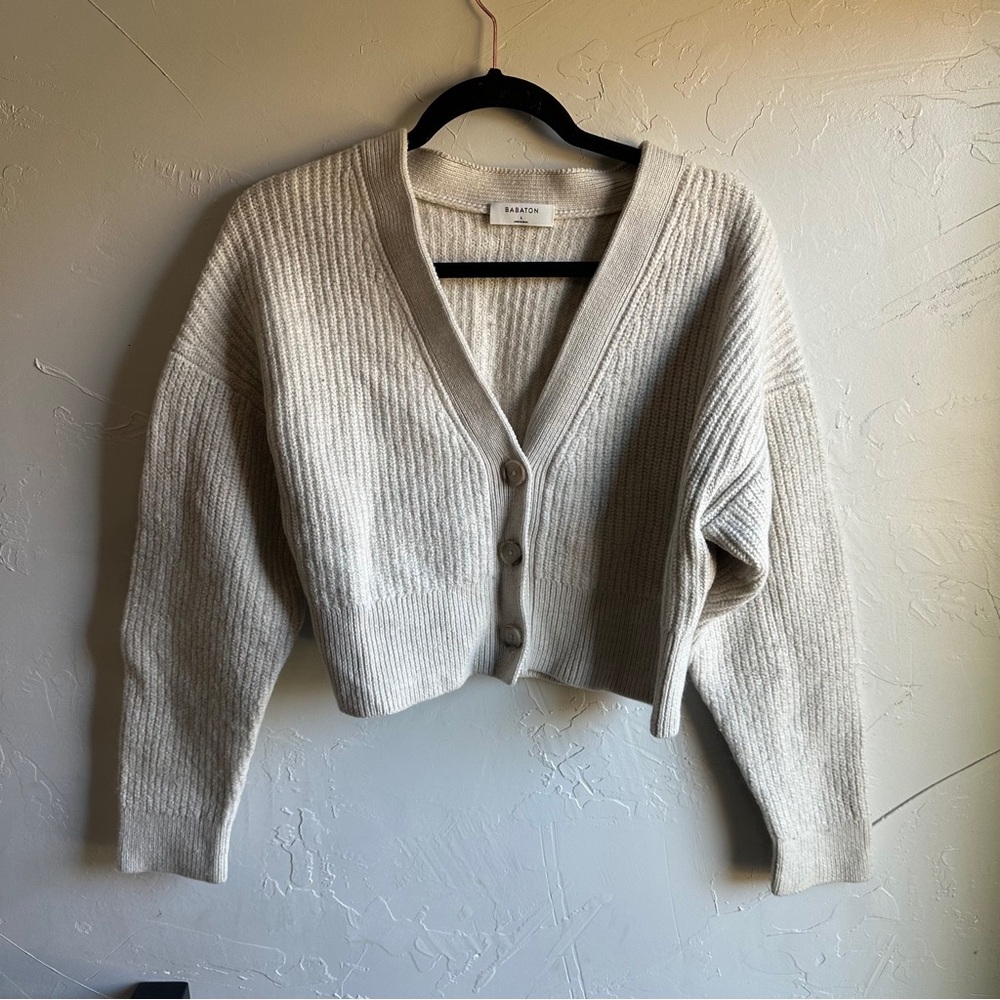 Aritzia Babaton Irving Cropped Knit Merino Ribbed Cardigan Cream  Size L